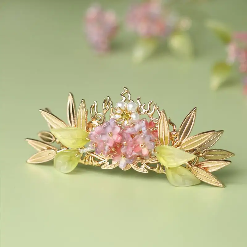 Hanfu Hair Accessories Set Vintage Song Style Purple Hydrangea Bamboo Leaf Hair Crown Tassel Hairpins Sticks Clips Hook Earrings