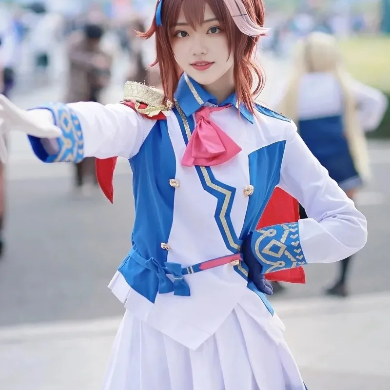 

Game Tokai Teio Cosplay Costume Combat Uniform Blue Top White Skirt JK Red Cloak Clothes Full Set for Women Theme Party