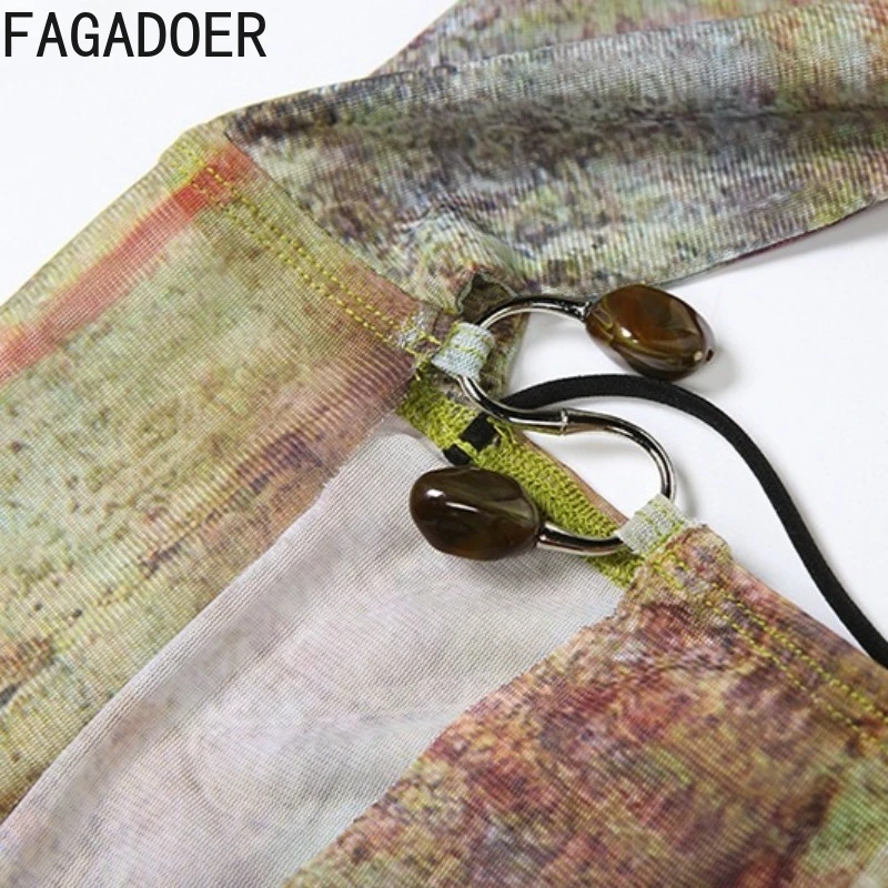 FAGADOER Set da due pezzi stampato estetico sexy da donna con fasciatura all'americana e canottiera irregolare + gonne divise laterali alte streetwear femminile