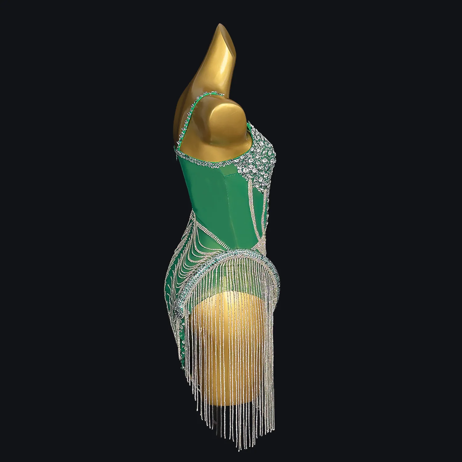 Luxo prata strass correntes vestido de cristal festa de aniversário celebrar vestido sexy malha desempenho traje latino dança vestido