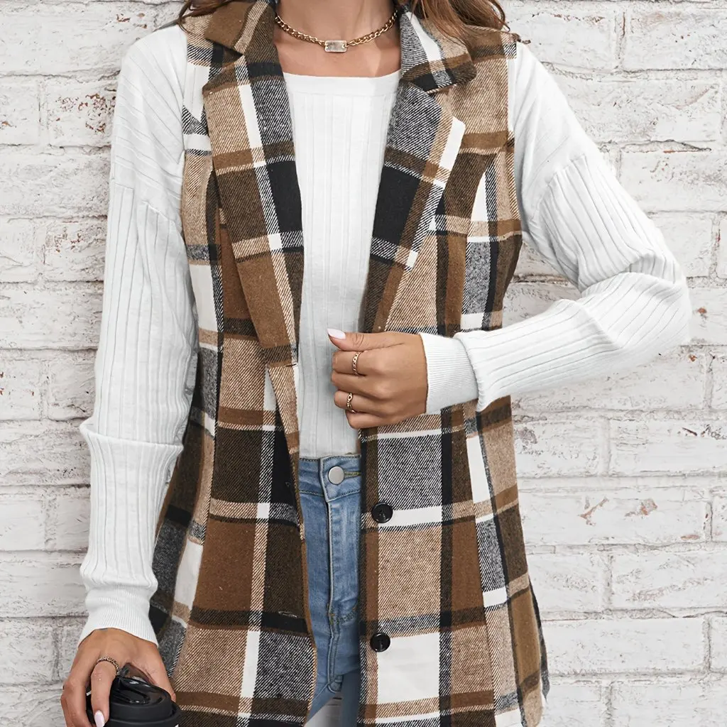 

Women's Lapel Suit Vest Plaid Fashion Top for Spring Autumn And Winter European American Style Clothing