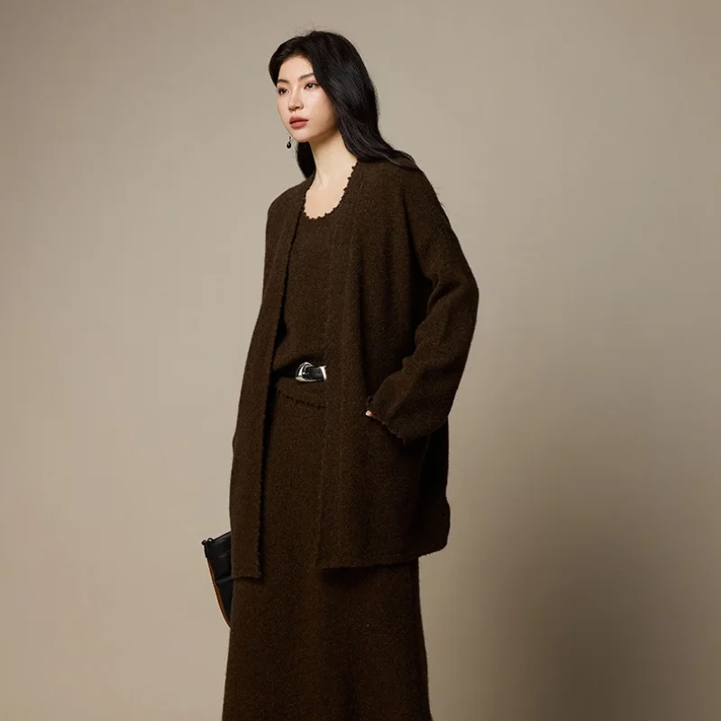 Birdtree, cárdigan de punto de mezcla de lana, chal elegante liso suelto para mujer, suéter de manga completa, abrigo informal de Otoño Invierno 2025 T5N201JF