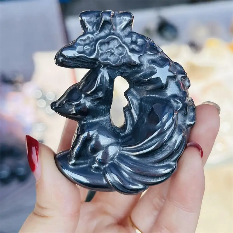 Natural Terahertz Moon Fox Fairy Carving Healing Gemstone Animal Figurines Reiki Stone Lucky Decoration Gift 1pcs