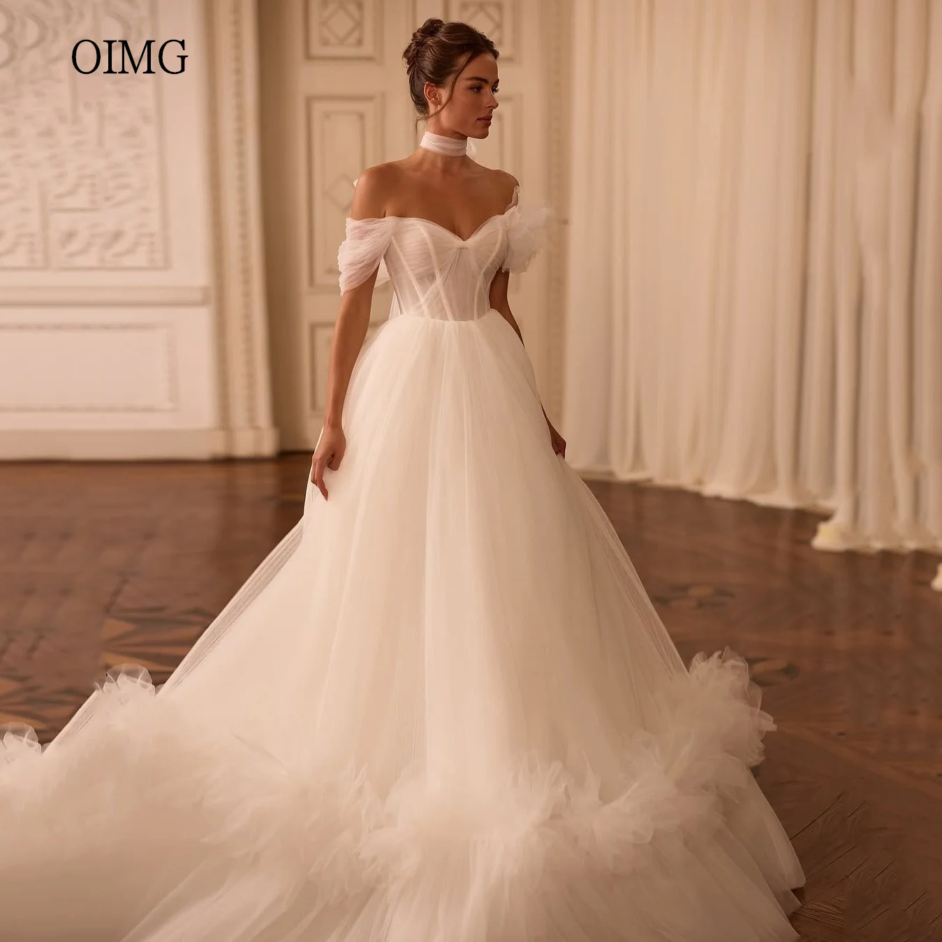 

OIMG Exquisite Ivory A-line Wedding Dress Pearl Off The Shoulder Bride Dresses Tulle Floor Length Wedding Gowns Customized