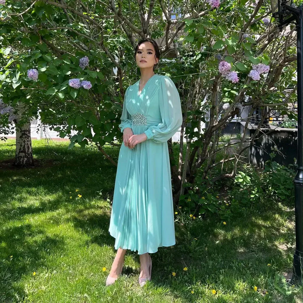 MOBEYE 2024 Saudi Arabia Ball Dress Mint Green V Neck Beaded Evening Gown Long Sleeve A Line Pleated Formal Occasion Dress