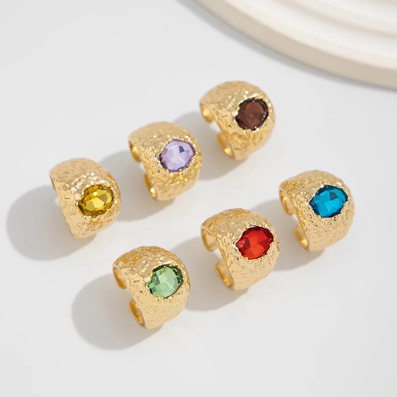 Luxurious Rainbow Crystal Zircon Open Metal Thick Ring For Women Aesthetic Waterproof Party Wedding Trend Vintage Jewelry Gifts