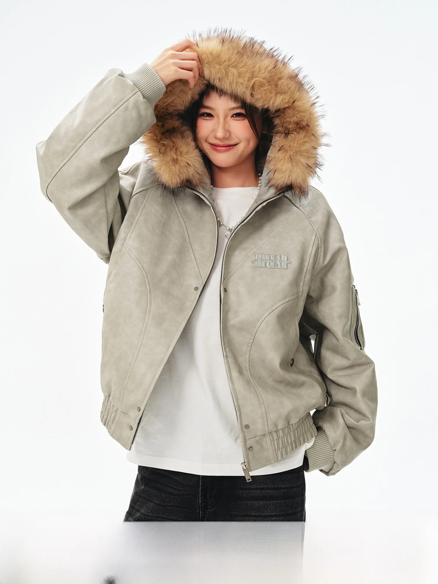 

Bipolar Structure Casual Loose Warmth Leather Surface Mountain Eagle Winter Jaet Youth ular Cotton Fabric Long Sve Coat