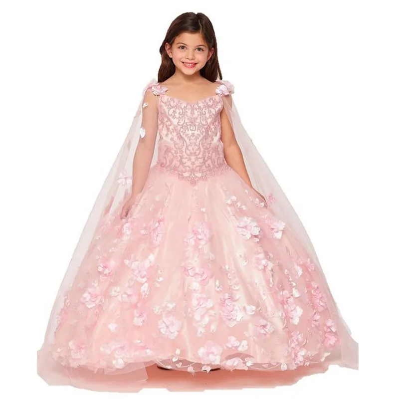 Robes Mini Quinceanera roses pour enfants, robe de Rhmexicaine, robes de demoiselle d'honneur florales en tulle pour mariages, robes de reconstitution historique pour enfants, bébé