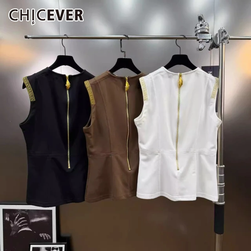 

CHICEVER Solid Spliced Embroidery T Shirt Female O Neck Sleeveless Loose Minimalist Basics Women's T Shirts Autumn Fashion Style