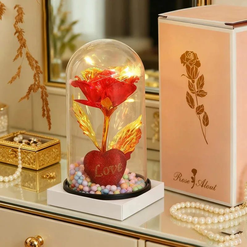 Golden foil flower with lamp eternal rose night light simulation rose desktop decoration, a holiday gift for female friends