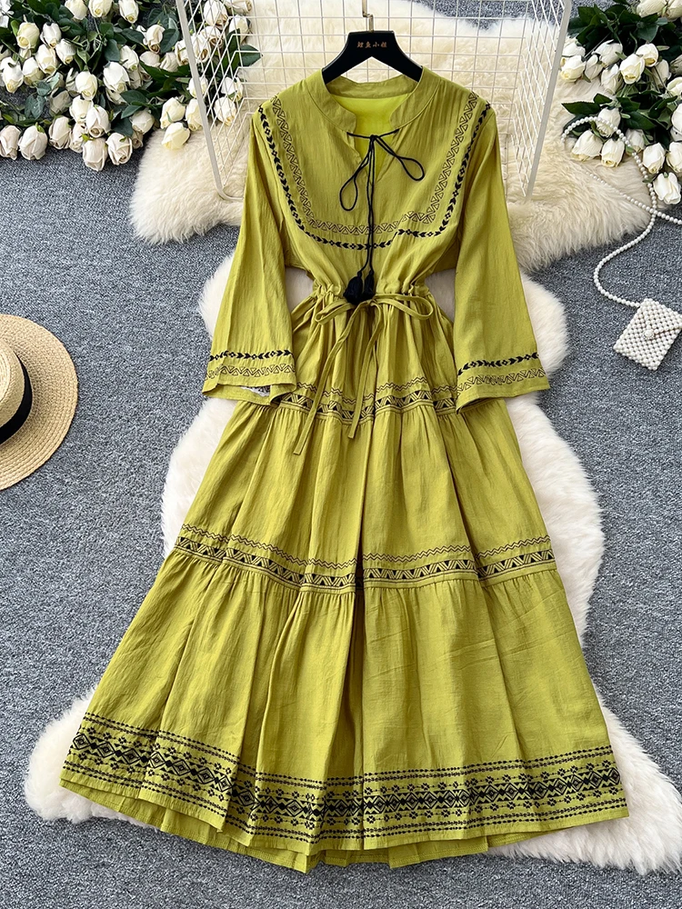 

Spring Summer Women's French Art Retro Dress with Flared Sleeves Loose Casual Embroidered Bohemian Vacation Long Dress C33