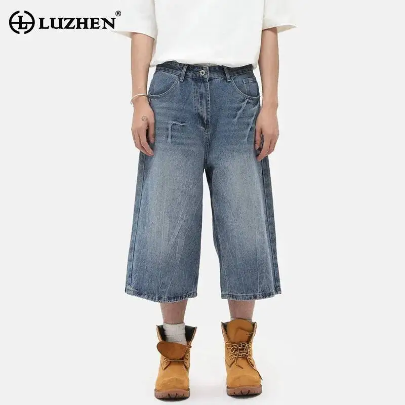 LUZHEN Washed Denim Vintage 2026 Gradient Straight New Fashion Cropped Trousers Men's Summer High Quality Handsome Jeans JY7554