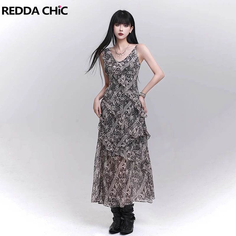 

REDDACHiC Boho Tribal Print Women's Camisole Dress Vintage Deep V-neck Irregular Ruffle Draped Long Dress Holiday Summer Clothes