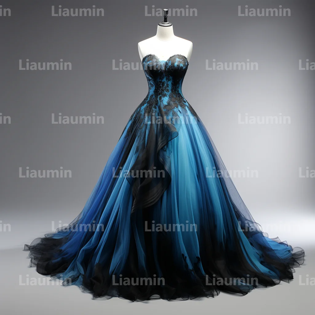 Blue Tulle And Black Strapless Evening Dress Prom Gowns A Line Full Length Formal Brithday Party Occasion Lace Up Hand Made A2-1