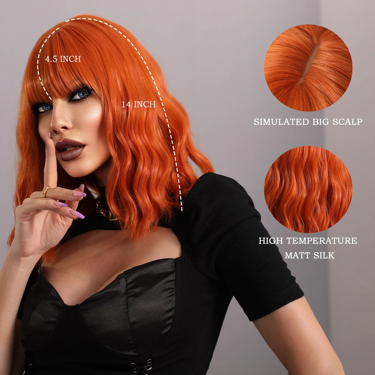 7JHH WIGS Synthetic Short Bob Wavy Wigs with Bangs for Women Halloween Cosplay Wig Heat Resistant Fiber Natural Orange Wig