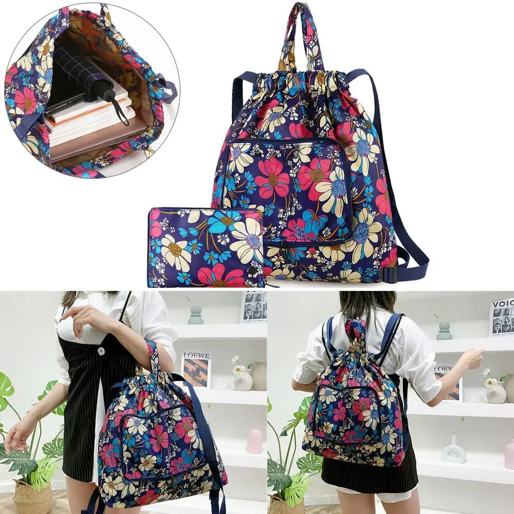 Eenvoudige Waterdichte Trekkoord Rugzak Opvouwbare Zak Trekkoord Tas Nylon Print Opbergtas Dames