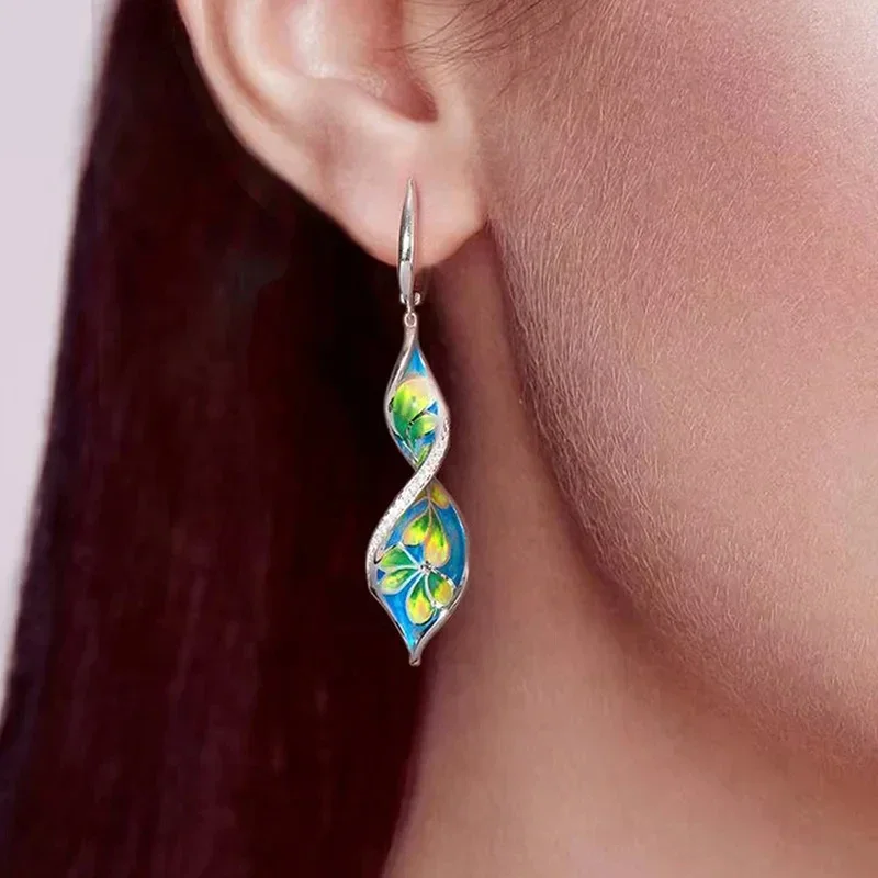  Modische Kreative Spiralförmige Blatt-Emaille Cloisonné Hängeohrringe Blumenmuster Lange Anhänger-Ohrringe Eleganter Schmuck Geschenke