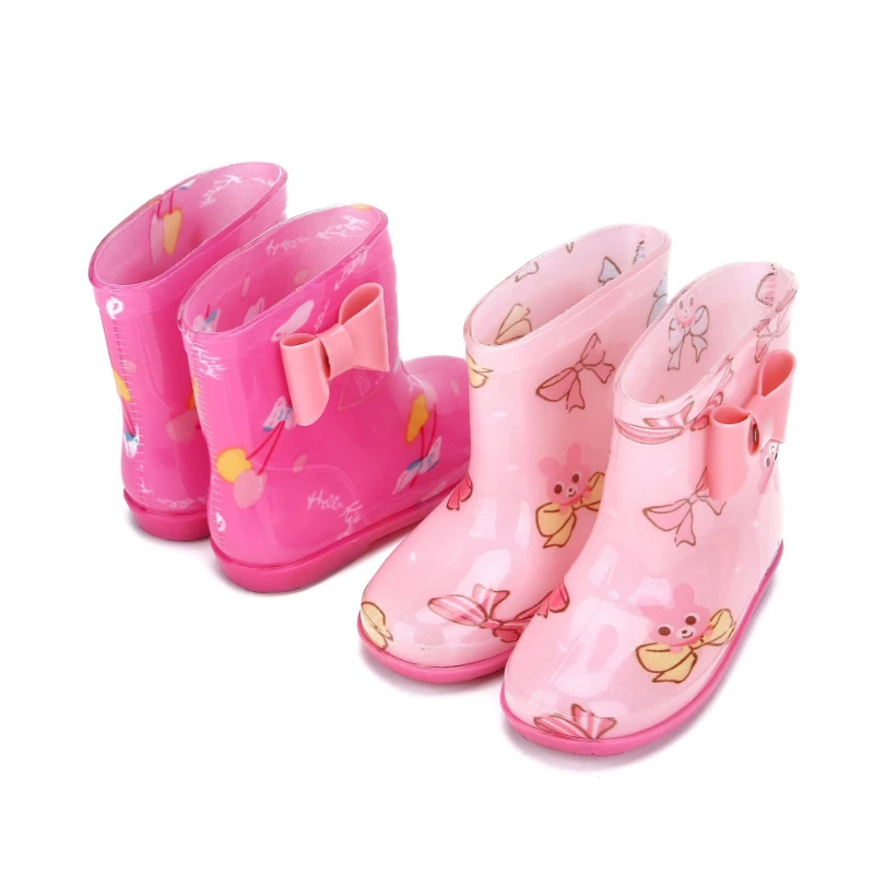 New Children Boys Girls PVC Rain Boots Waterproof Bowtie Rainboots Kids Water Shoes Wellies Non-slip Rain Shoes