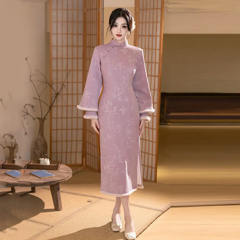 Purple Thick Winter Clothing New Chinese Style Long Sleeved Cheongsam Improved for Young Women Autumn Qipao Dress