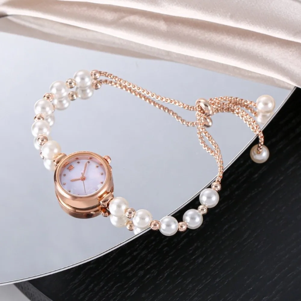 Round Dial Pearl Bracelet Watch Elegant Adjustable Drawstring Chain Women Quartz Watch Delicate Roman Numeral Small Dial Watch
