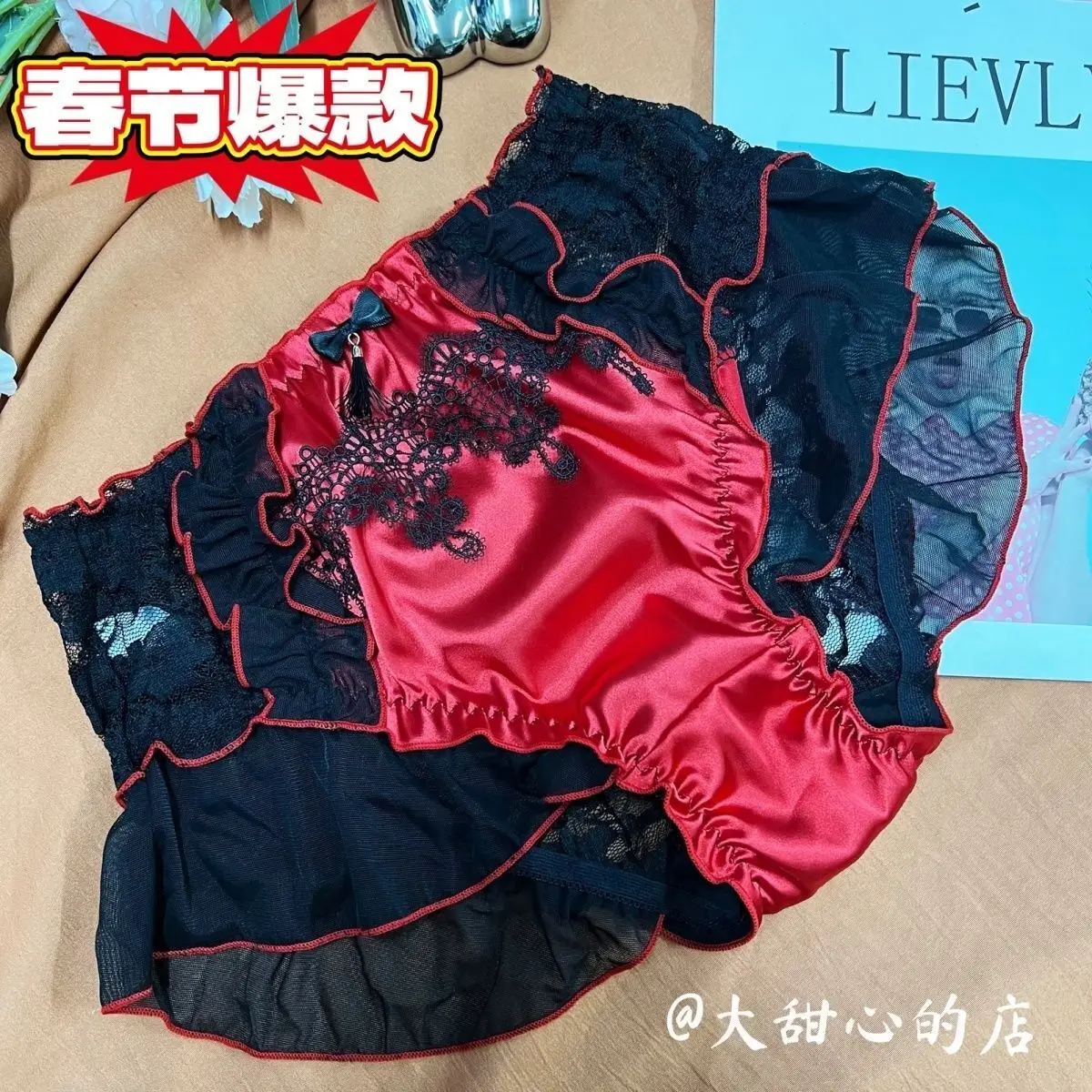 Red See Through Bow Lace Women Sexy Underwears Short Panties High Waist Briefs Lingeries Bottoms