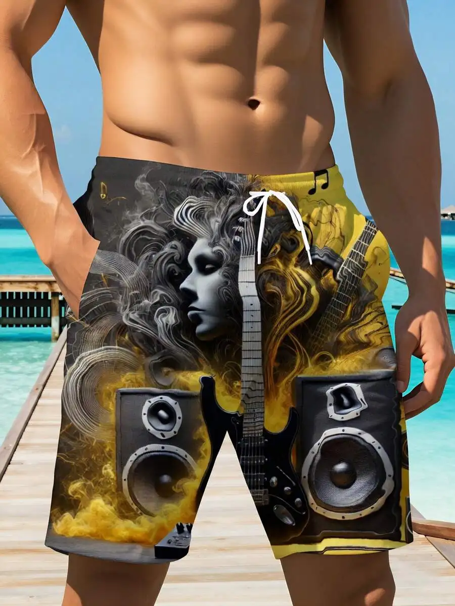 

Mens Music Theme Beach Shorts With Guitar And Speaker 3D Print Soft Comfortable Summer Casual Sportswear