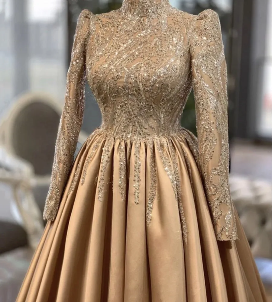 Robe de Soirée en Satin Froncé à Manches sulfpour Femme, Tenue de Bal à Col Haut et Paillettes Perlées Faites à la Main