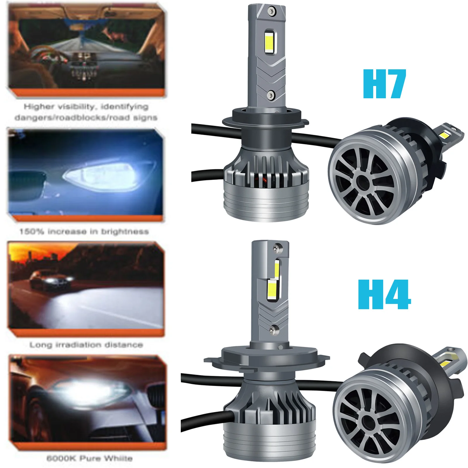 H7 H4 LED Headlight Bulbs Conversion Kit Car Headlamps Replacement High Beam/Low Beam/Fog Light 6000K 20000LM Extremely Bright