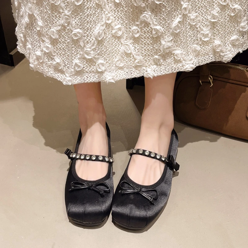 2025 New Internal Elevation Women Mary Jane Shoes Fashion Crystal Ladies Shallow Butterfly-knot Single Shoes