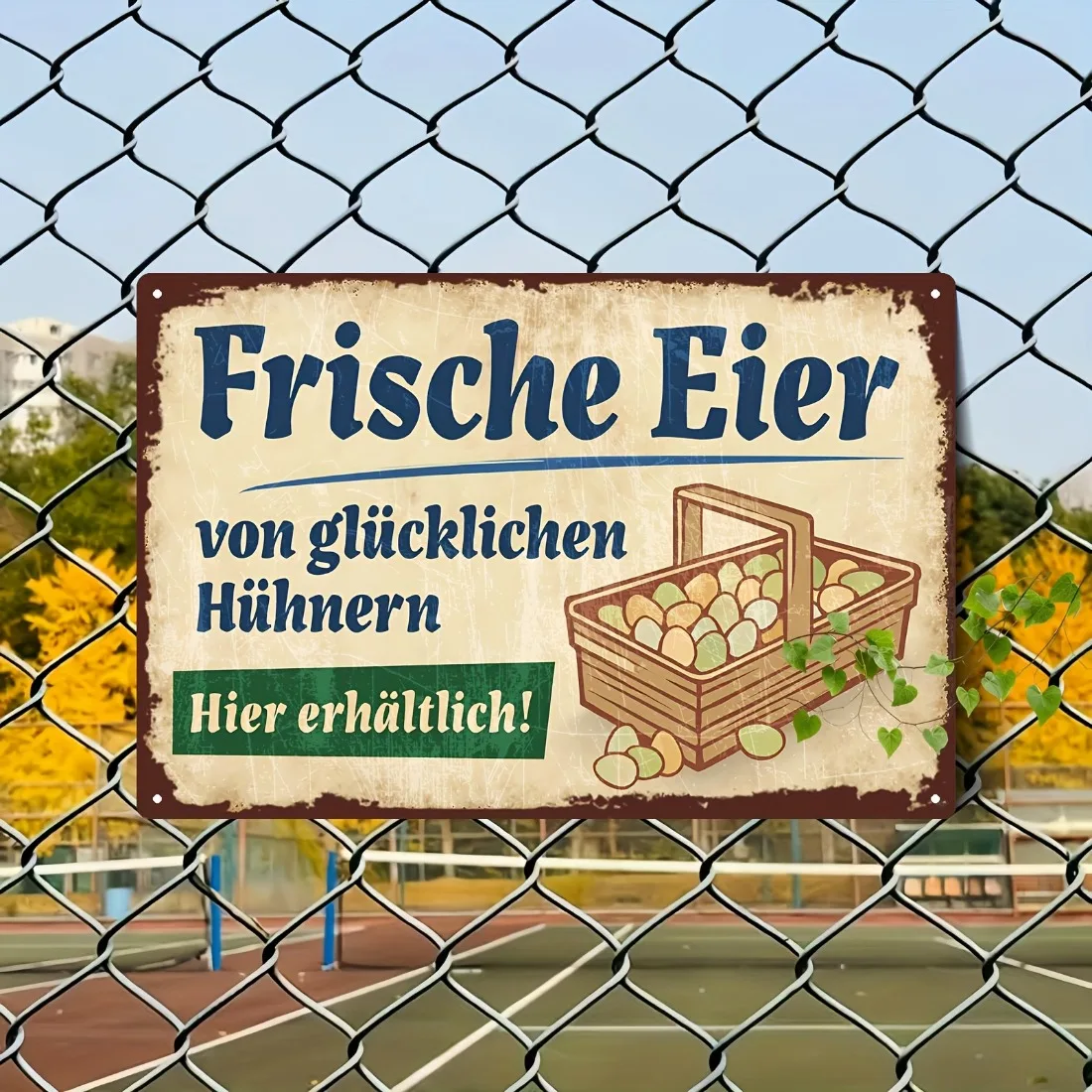 2D Flaches Metallschild „Frische Eier“ Vintage – 20x30cm Eisen-Wanddeko mit Eierkorb & grünen Blättern – Rustikaler Stil für Küche
