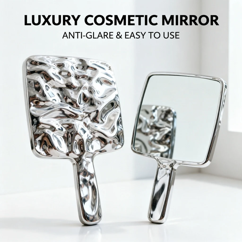 Fashionable Water Pattern Handheld Mirror – Compact Size for Purse or Desk, Elegant Square Hand Mirror with Wavy Metallic Finish