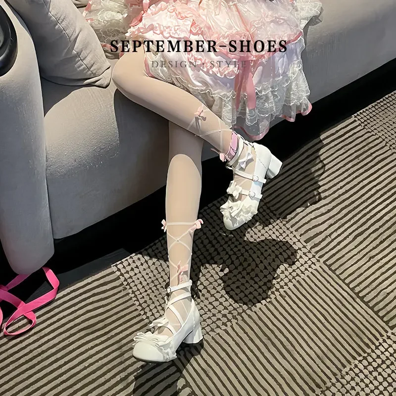 Sweet Lolita Shoes Women Round Toe Block Heel Bow Lace Heart Metal Buckle Ankle Strap Cute Princess Japanese Style Cosplay Pumps