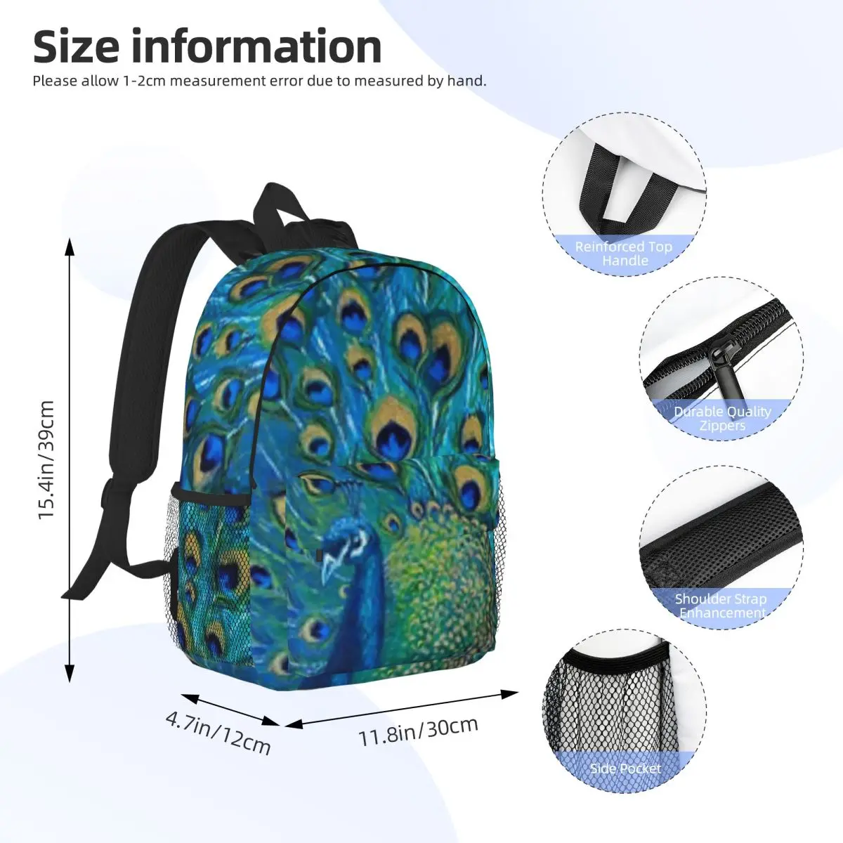 Peacock Full Glory 2 For Girls Boys Large Capacity Student Backpack Lightweight waterproof Backpack 15inch image 4