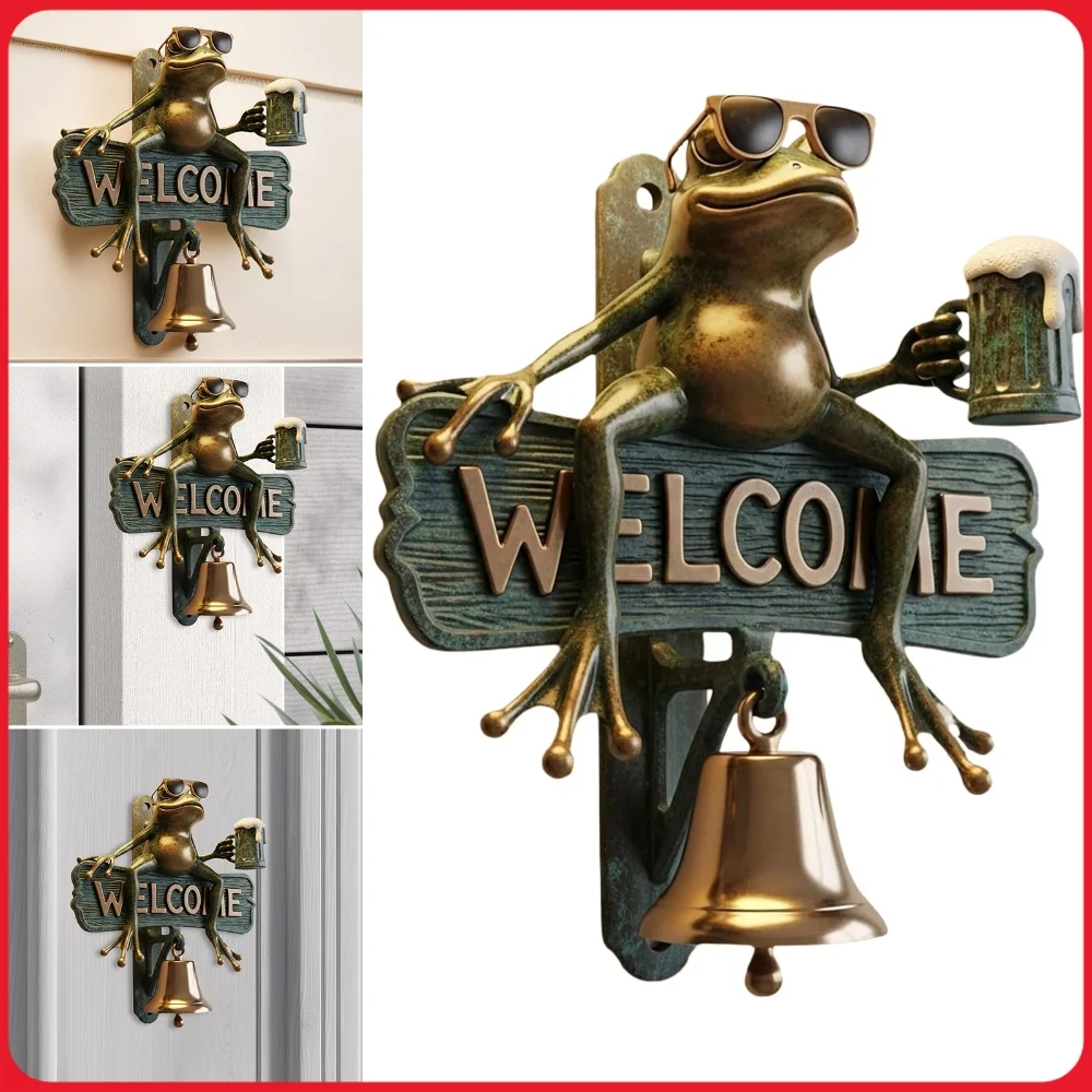Beer-Drinking Frog With Sunglasses Creative Funny Outdoor Decorative Door Bell Chill Frog Welcome Sign Home Decor Gifts