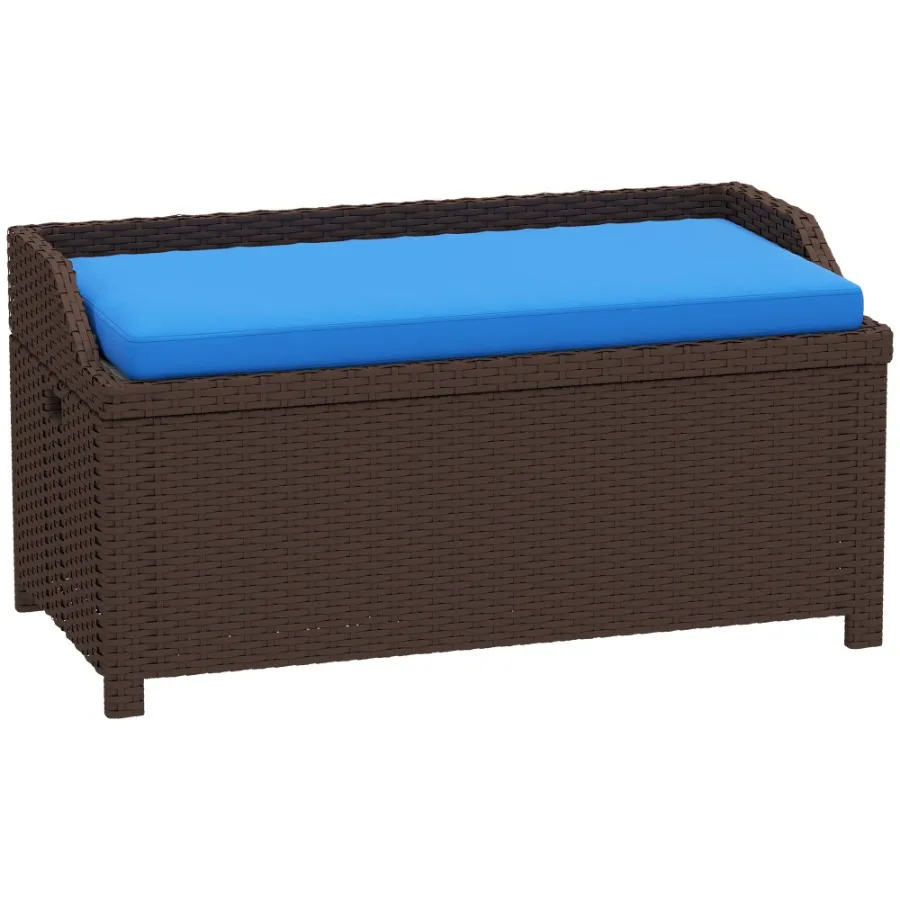 

Outdoor Wicker Storage Bench with Storage Cushion Blue