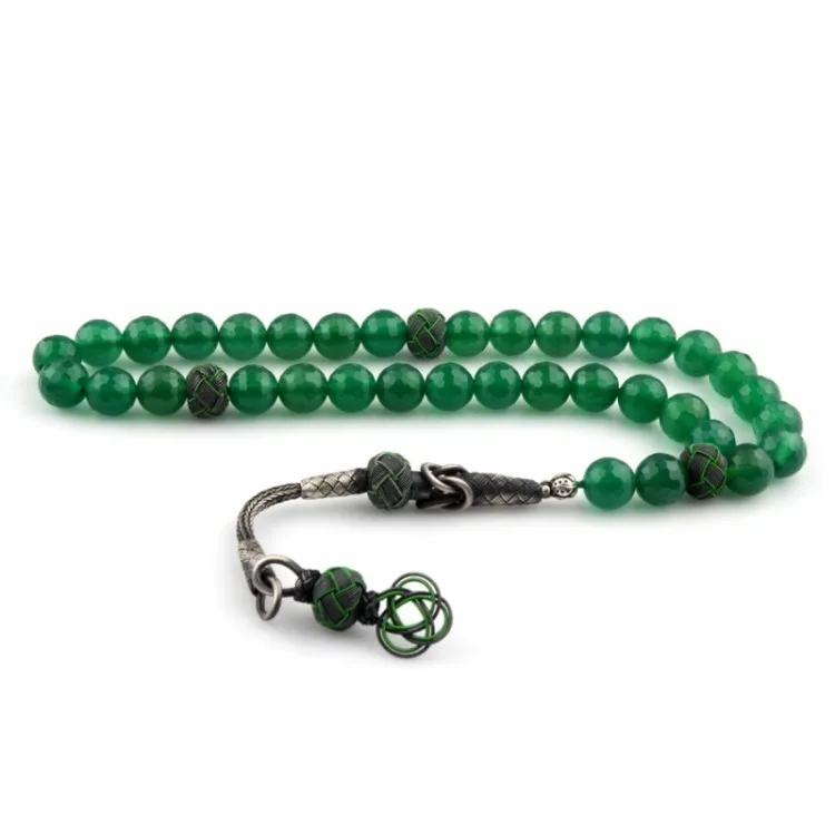 1000K Sterling Silver Sweater Tassel Rosary Green Agate Stone Tasbih Islamic Gift, Muslim Tasbeeh Prayer Beads 33 Piece