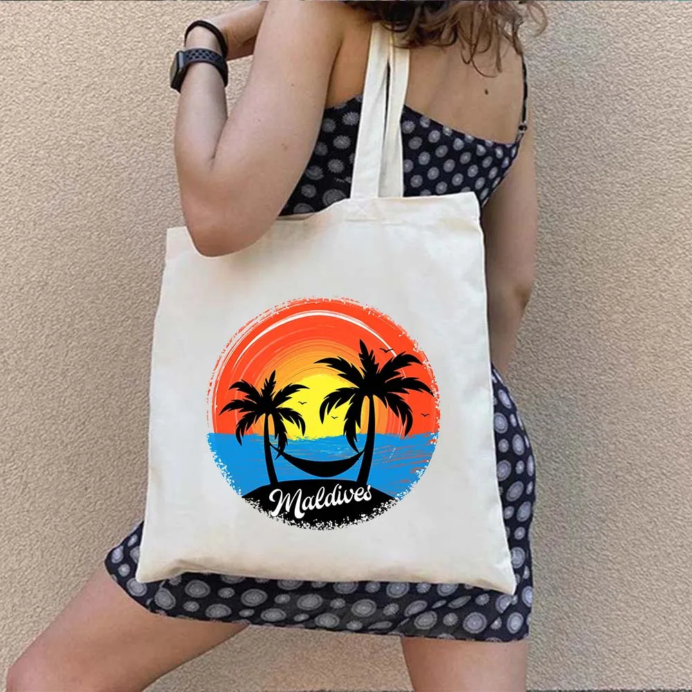 Vintage Summer Beach Holiday Maldives Maldivian Flag Love Heart Shoulder Canvas Totes Bag Shopping Summer Beach Shopper Handbags