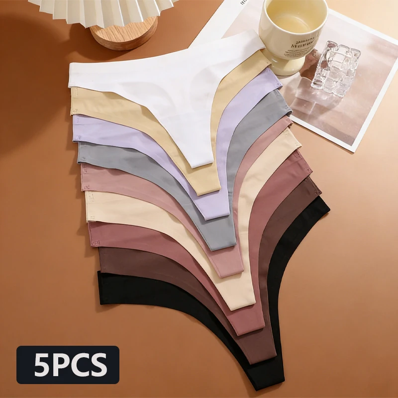 5 Stück Eisseide Nahtlose Tangas Damen Sexy Unsichtbare Unterwäsche Ultradünner G-String mit Niedriger Taille Atmungsaktive Dehnbare Bikini-Lingerie