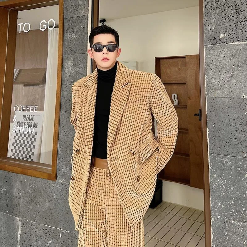 

Autumn Winter Light Luxury Camel Corduroy Loose Suit Men's Plaid Shoulder Pad Double-breasted Long Sleeves Notched Collar Blazer
