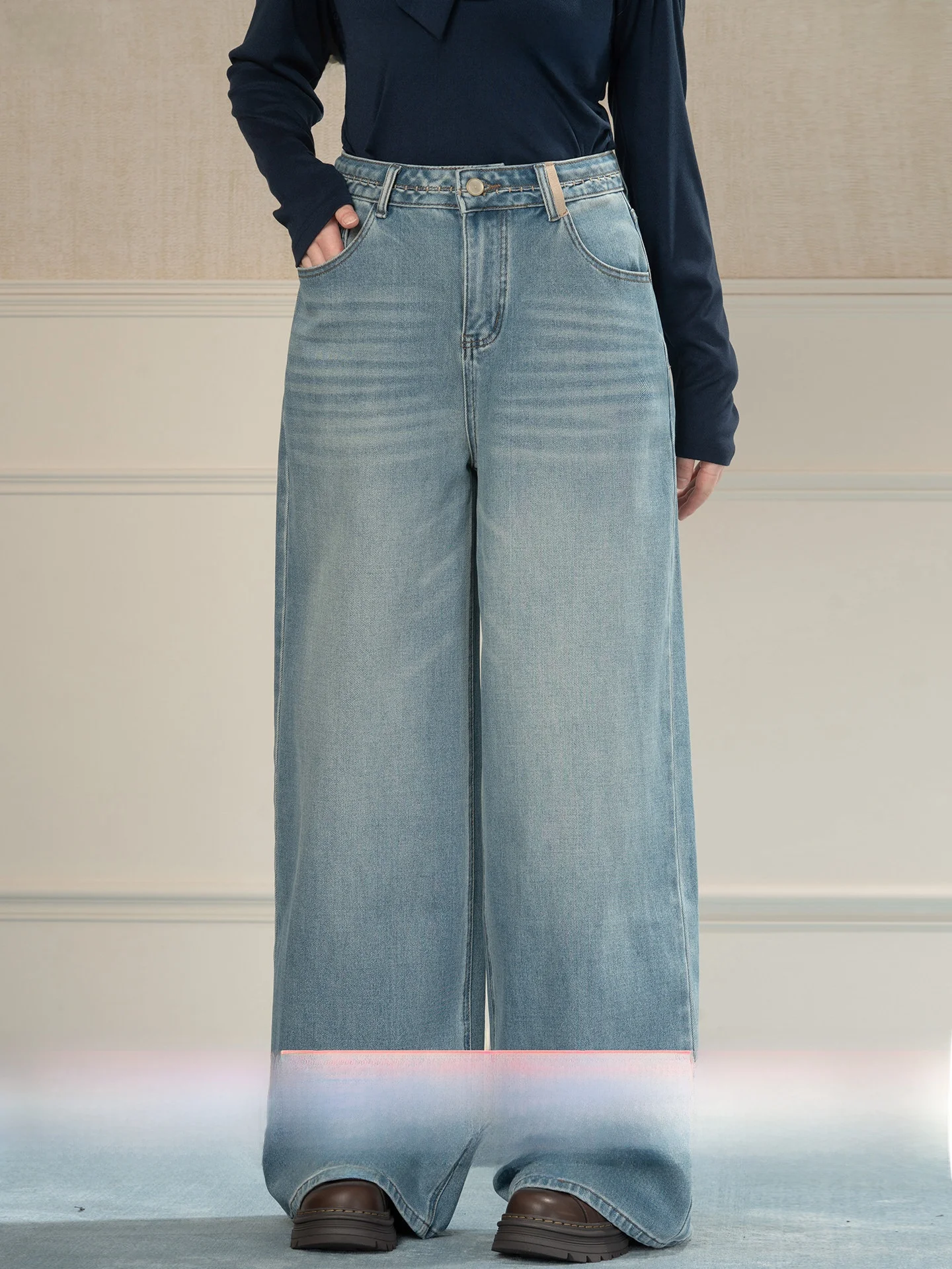 

Heynew Ретро-синие женские джинсы больших размеров с четырехсторонним стрейчем, свободные, прямые, широкие брюки, весенняя коллекция