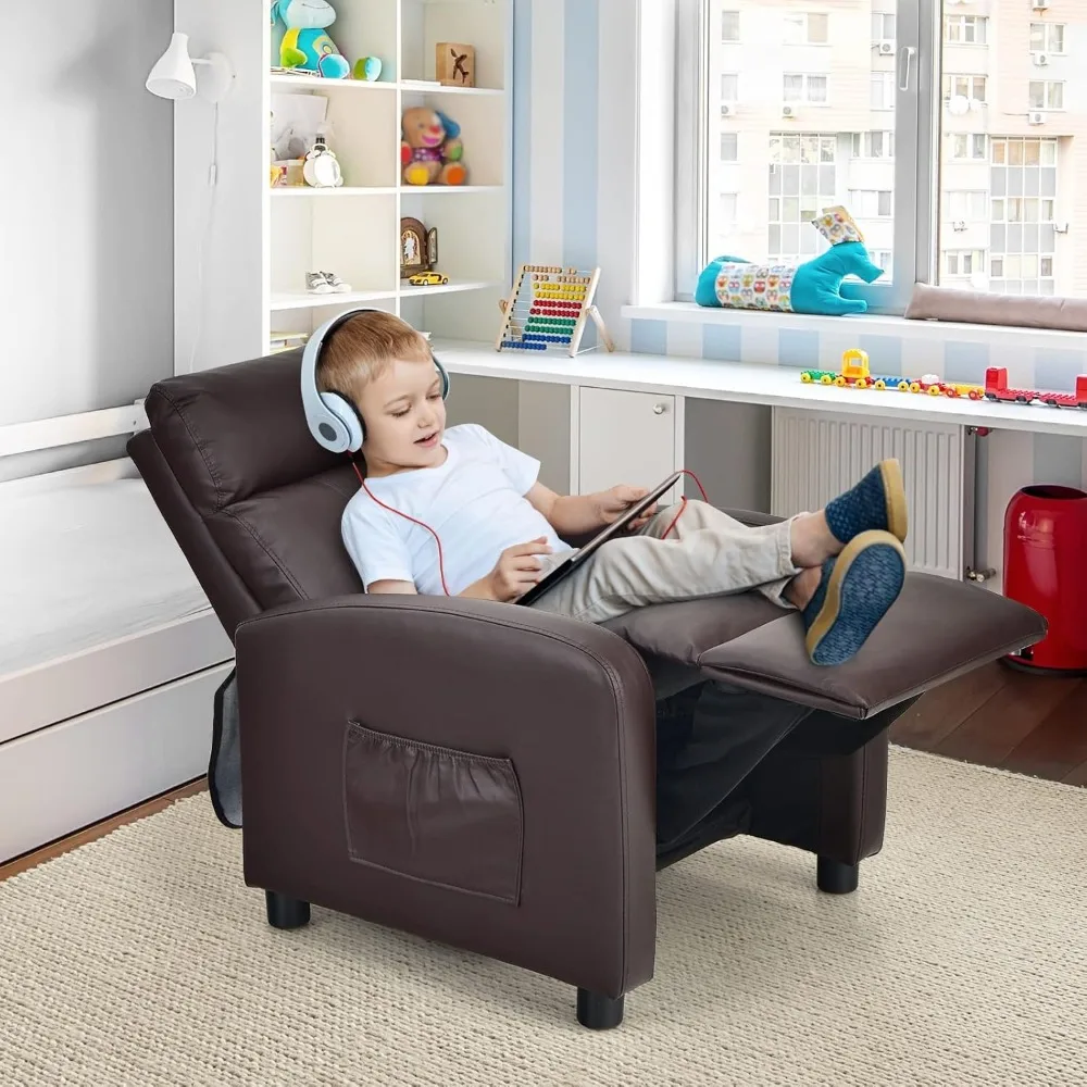 Kids Recliner, Adjustable PU Leather Lounge Chair w/Side Pockets, Footrest, Headrest for Kids Room & Play Room, Easy to Clean