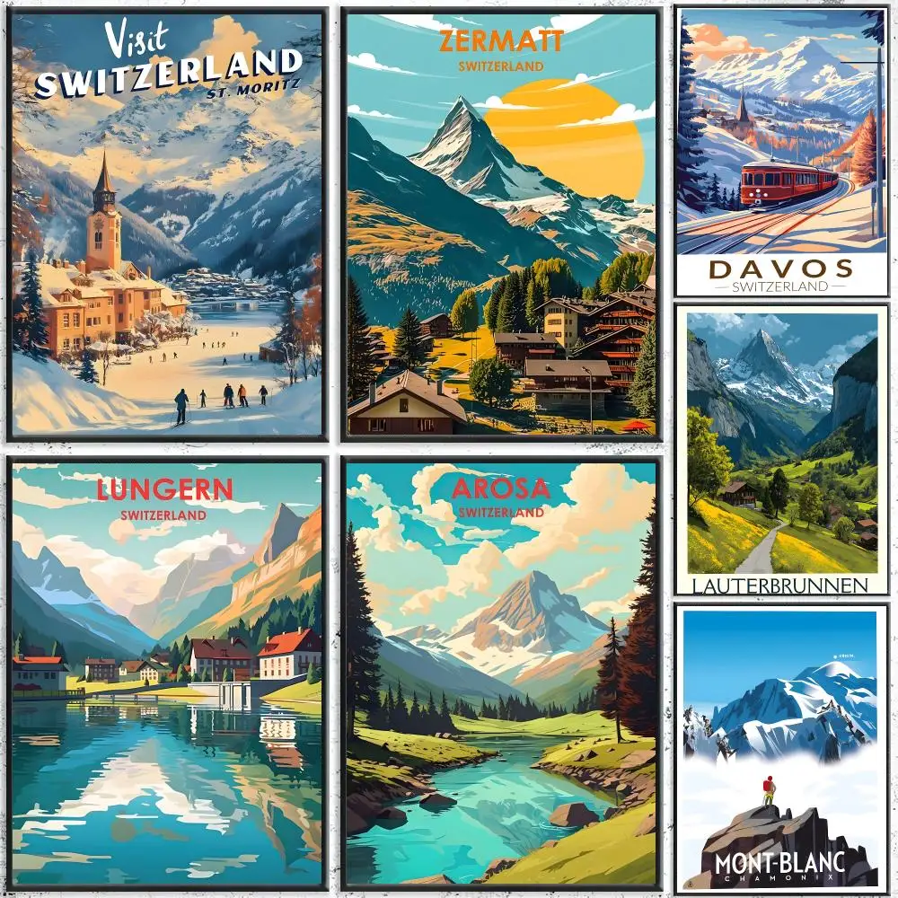 Landscape Swiss Alps Poster Self-Adhesive Waterproof Wall Stickers, Coffee Bar Home Wall Decor