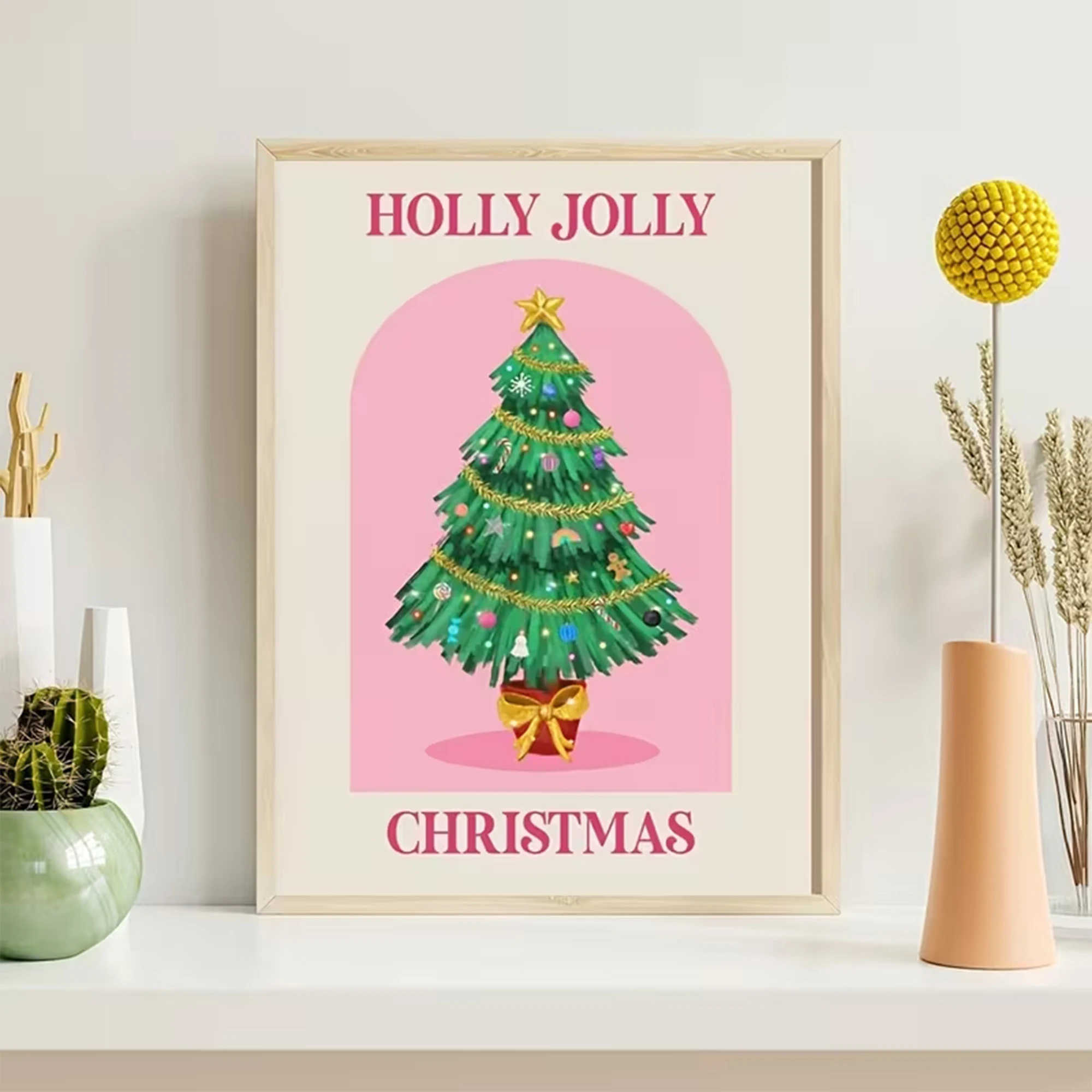 Modern Pink Holly Jolly Christmas Wall Art Print Canvas Painting Poster Picture For Bedroom,Living Room Home Decor