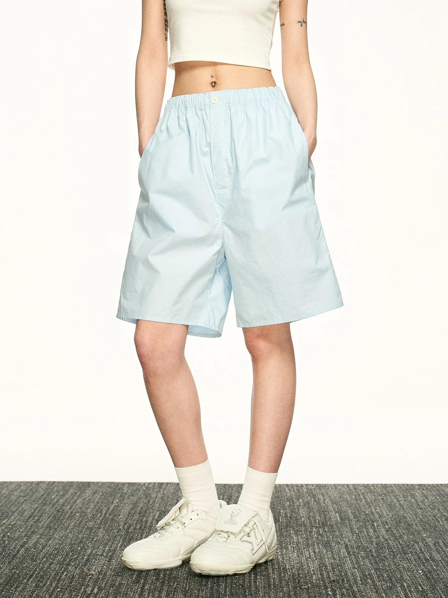 

Aaisup Light Blue Elastic Waist Wide Leg Short Pants Women's Summer New Korean Loose Straight Cut Five-Quarter Pants