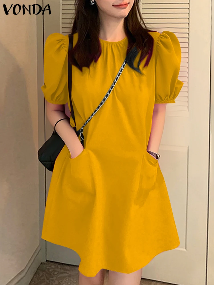 VONDA Women Party Dress Solid Color Casual Office Work Mini Sundress 2025 Summer Female O Neck Vestidos Oversized Loose Robe