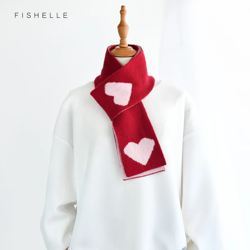 Sweet lovely pink love shape red scarves double-sided wool narrow edition small scarf for girls gift