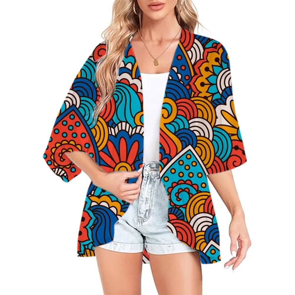 Summer Blouse Chiffon Jacket Fashion Street Breathable Short Sleeve Swimwear Printed Graffiti Hawaiian Bohemian Chiffon Top