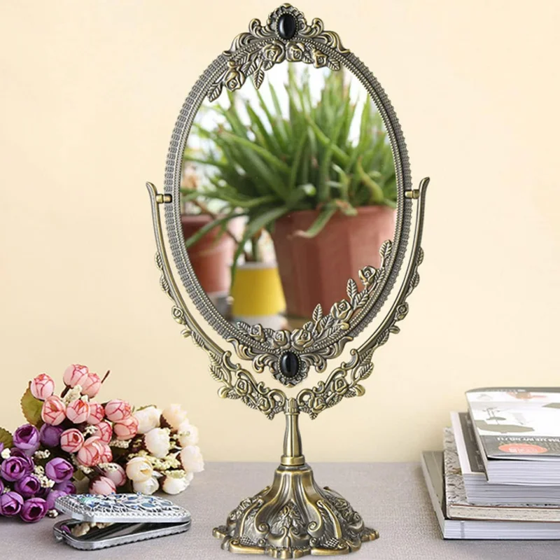 Specchio per trucco bifacciale vintage piccolo in bronzo: specchio da tavolo essenziale in lega di metallo chic di alta qualità con elegante 360 D