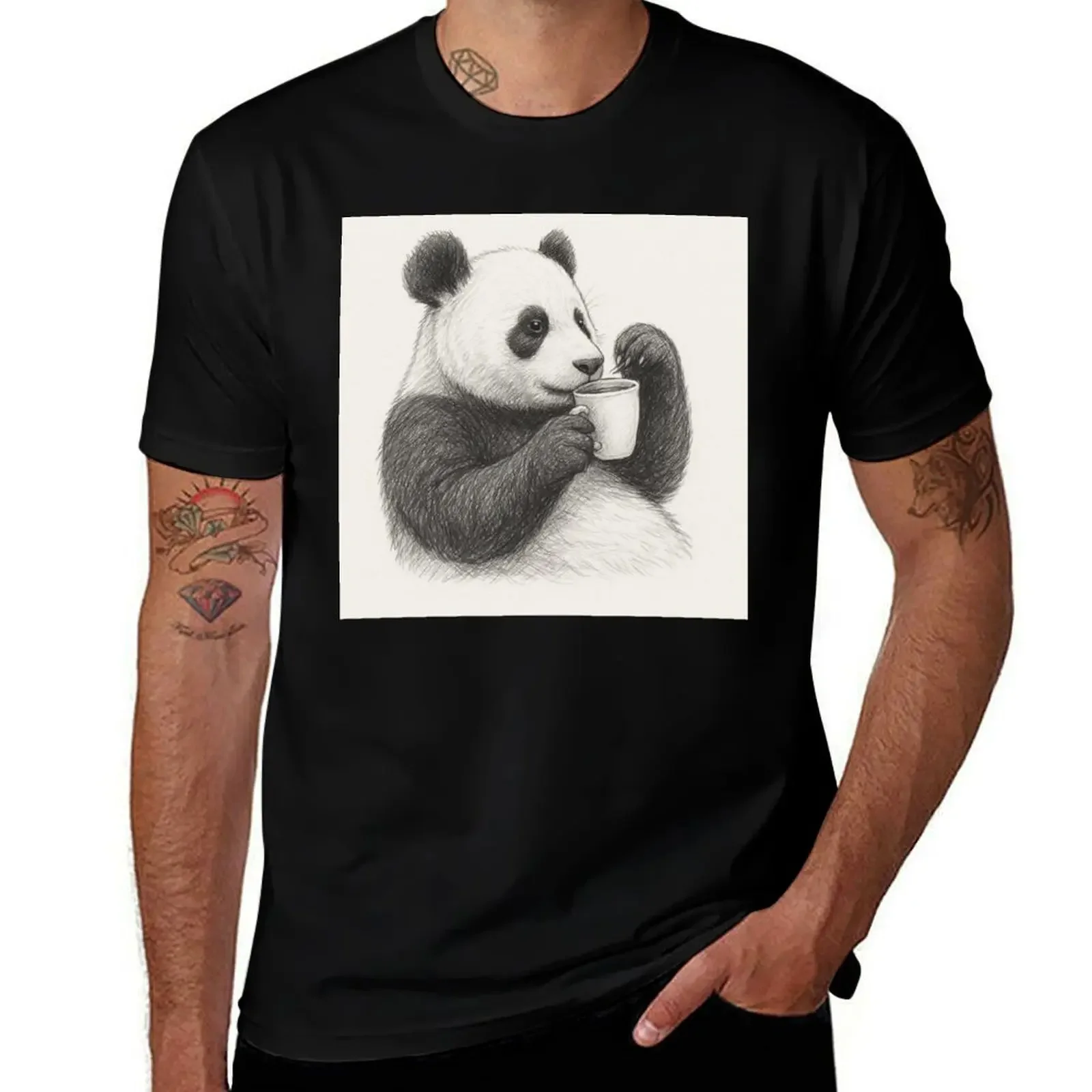 

Coffee Break Panda - Pencil Sketch Art T-Shirt shirts graphic cute clothes tees mens vintage t shirts