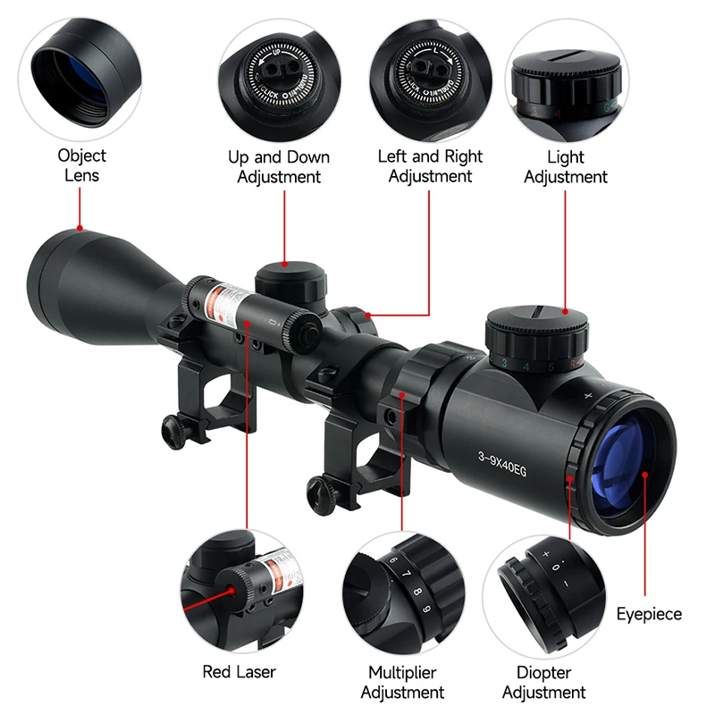 Imagem -04 - Óptica Scopes com Mira a Laser Air Rifle Scope Tactical Riflescope Vermelho e Verde Iluminado Retículo Caça 3-9x40eg